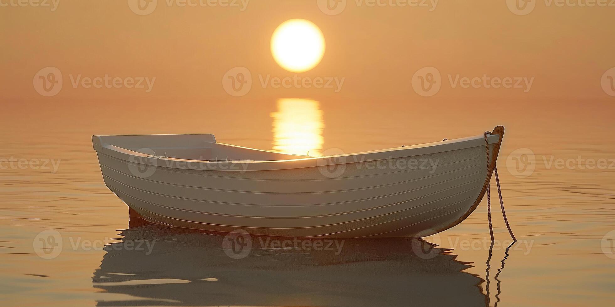 Sunset reflection over calm waters with a solitary white boat in the foreground photo