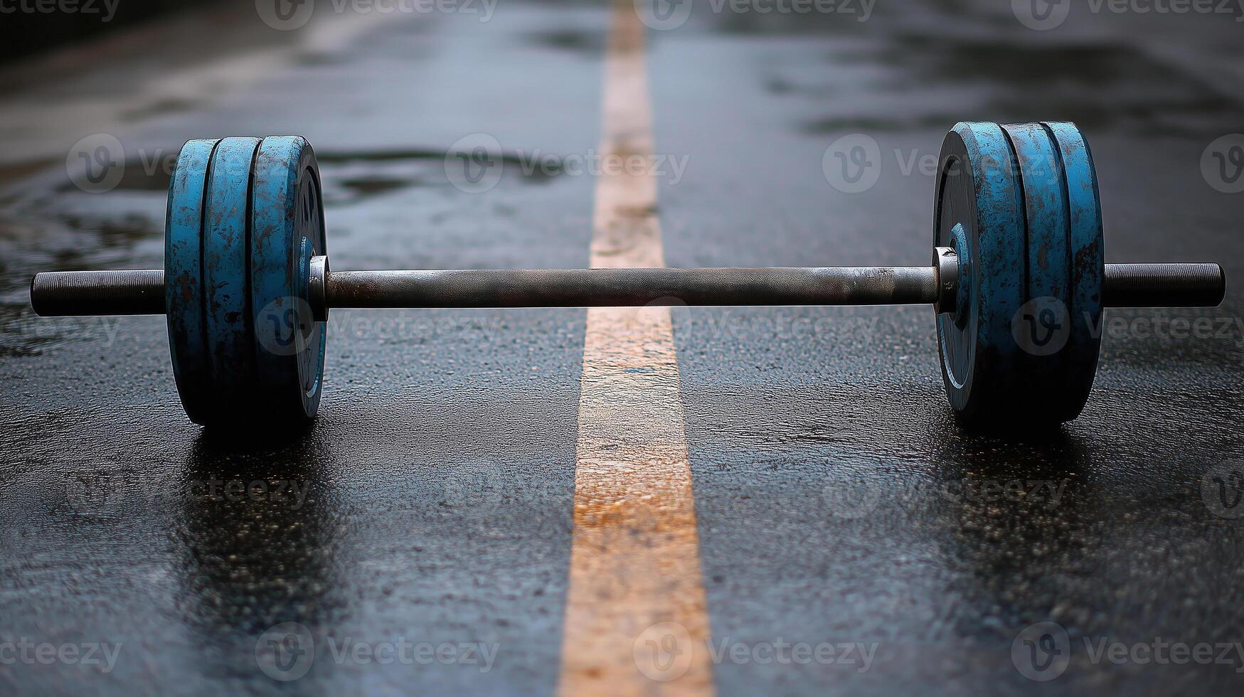 A heavy barbell with blue weights lies on the wet pavement, indicating a recent outdoor workout photo