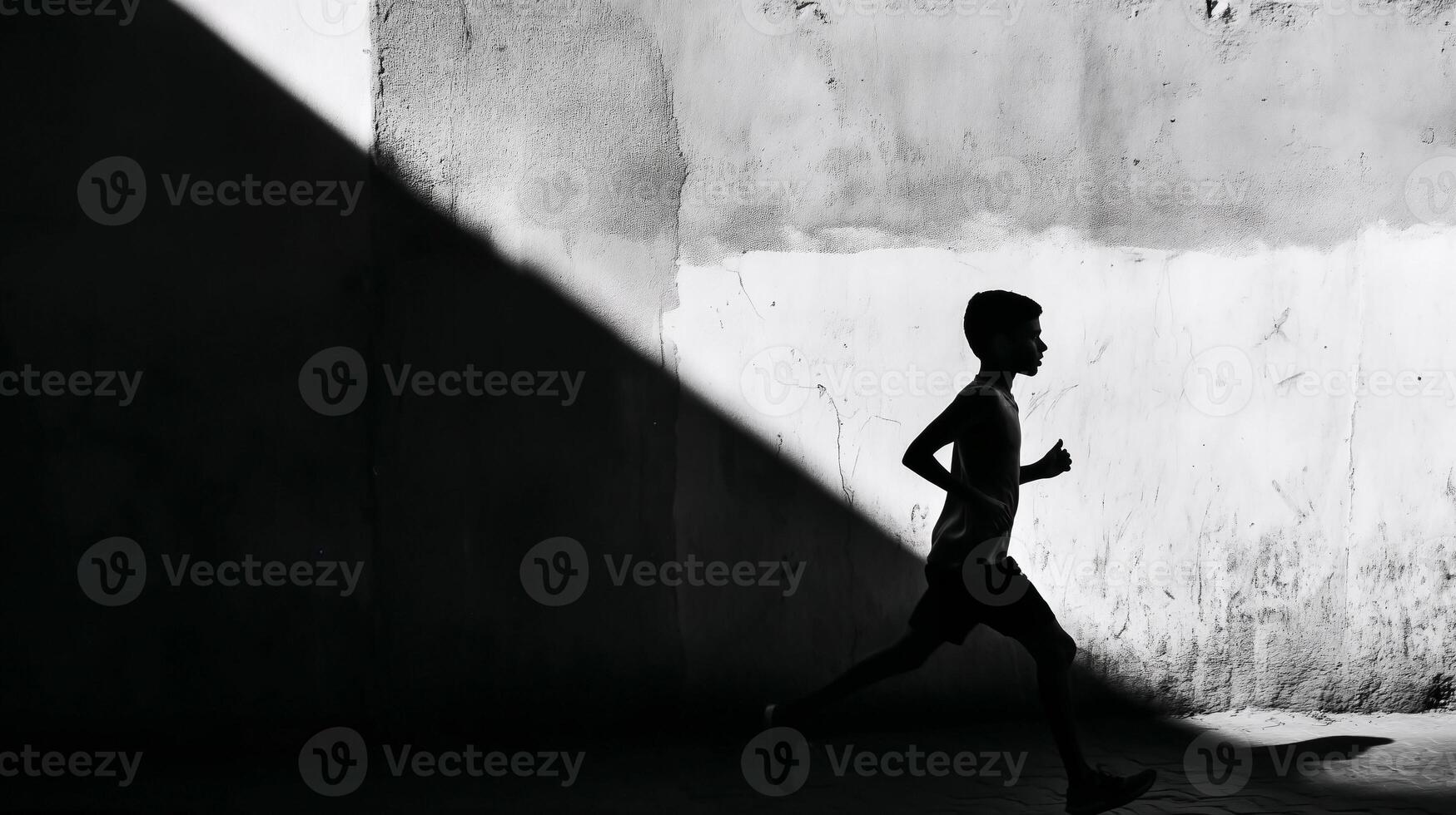 Young boy running in silhouette along a sunlit wall in an urban setting promoting active lifestyle photo