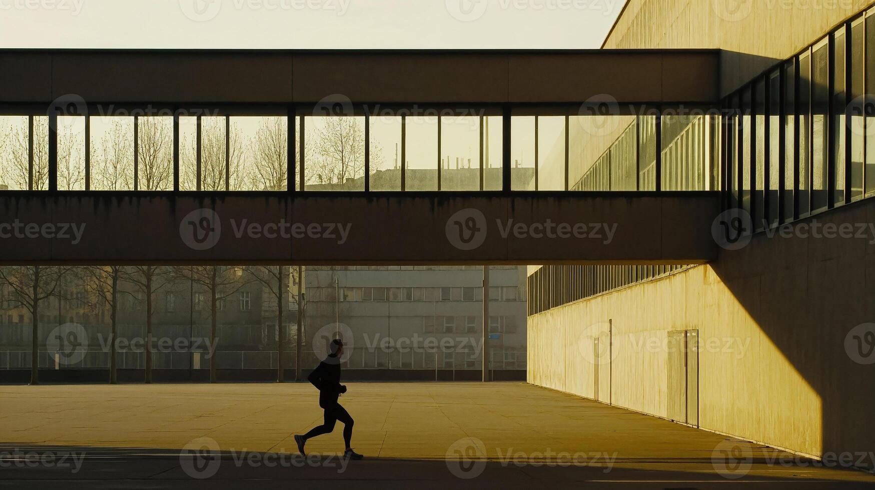 Evening runner enjoying a healthy lifestyle outside modern architecture in golden hour light photo