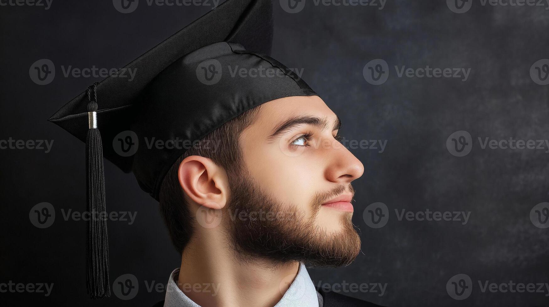 Graduation ceremony moment captured with proud student wearing black cap and gown photo