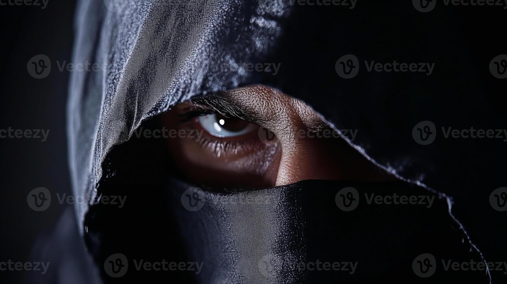 Mysterious figure in dark attire observing in low light setting photo