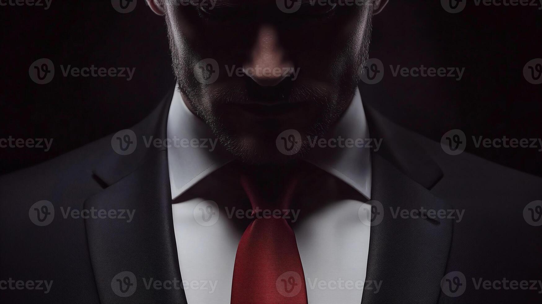 Enigmatic figure in dark attire with a striking red tie in a shadowy setting photo