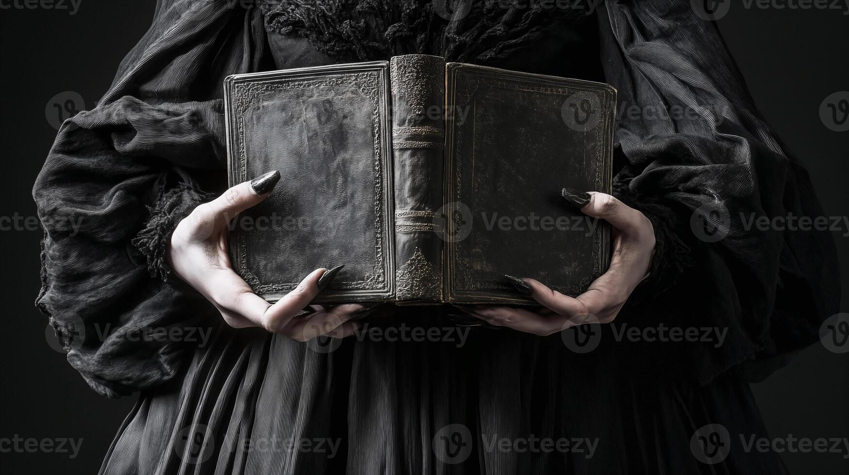 Dark academy figure holding an ancient leather-bound book in a moody setting photo