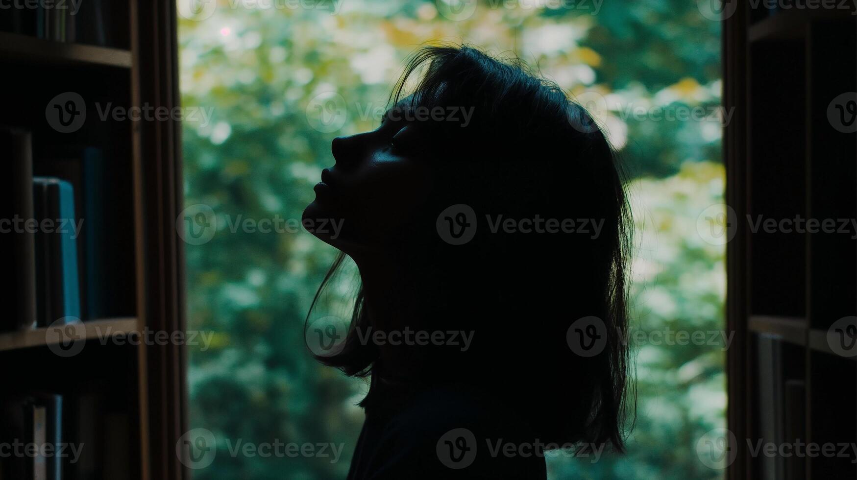 Silhouette of a person in a dark academy library surrounded by nature photo