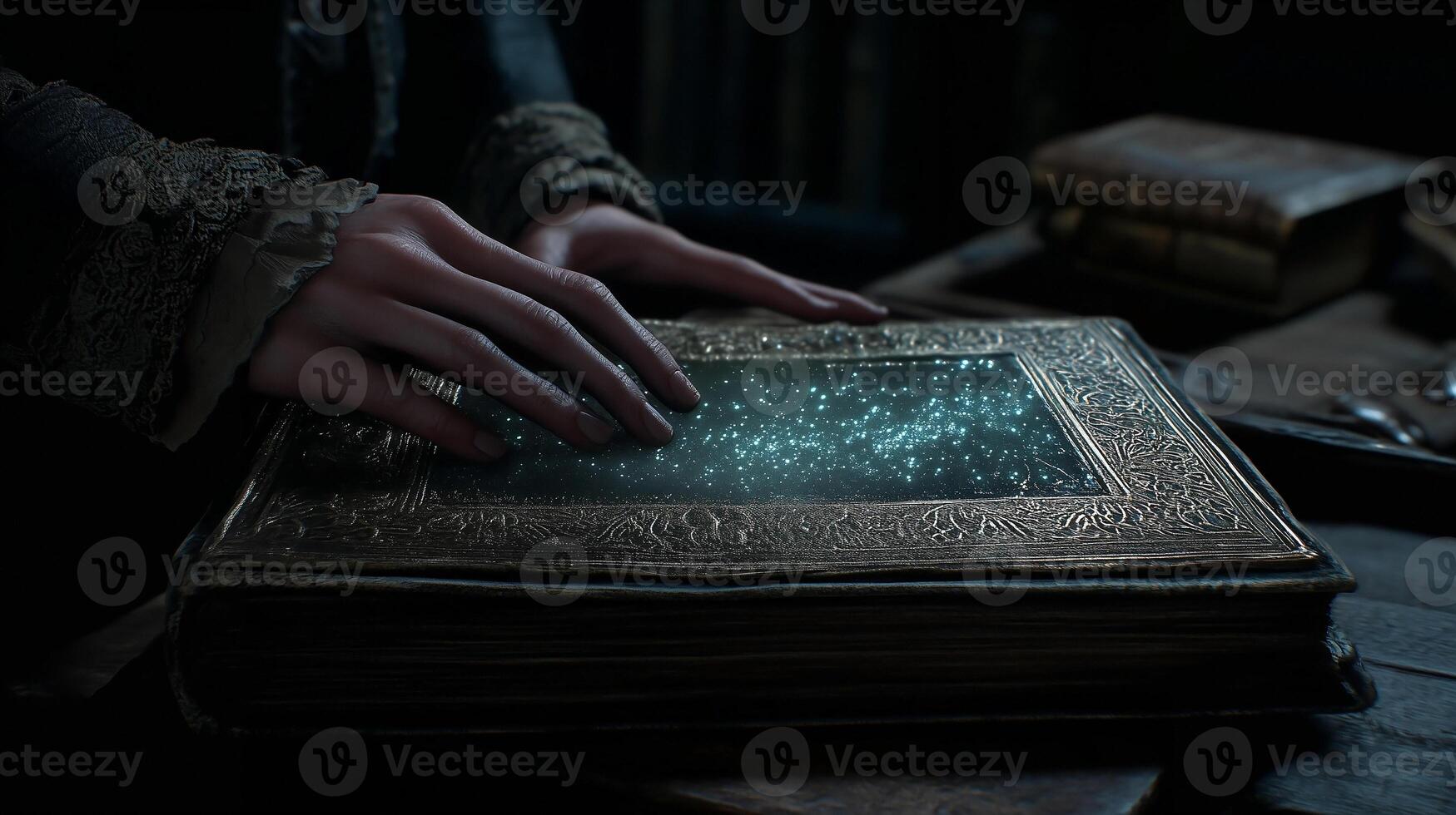 Ancient book reveals secrets under a magic touch in a dark academy setting photo