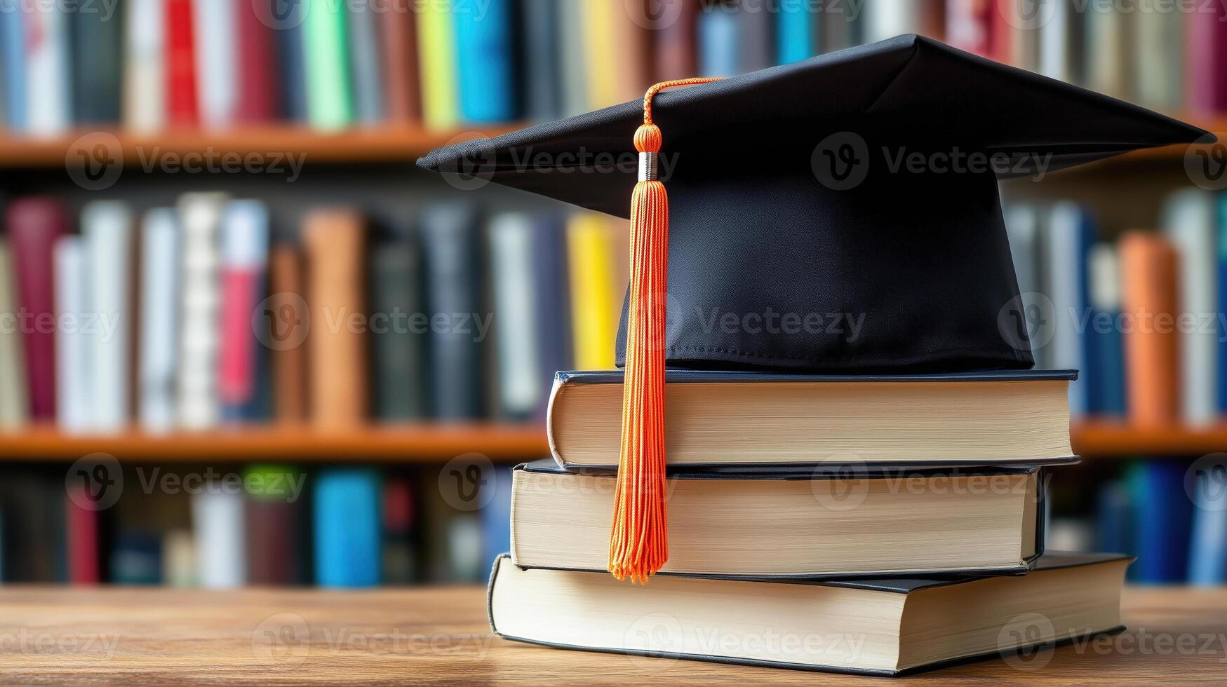 Graduation cap placed on top of stacked books in a study area surrounded by shelves photo