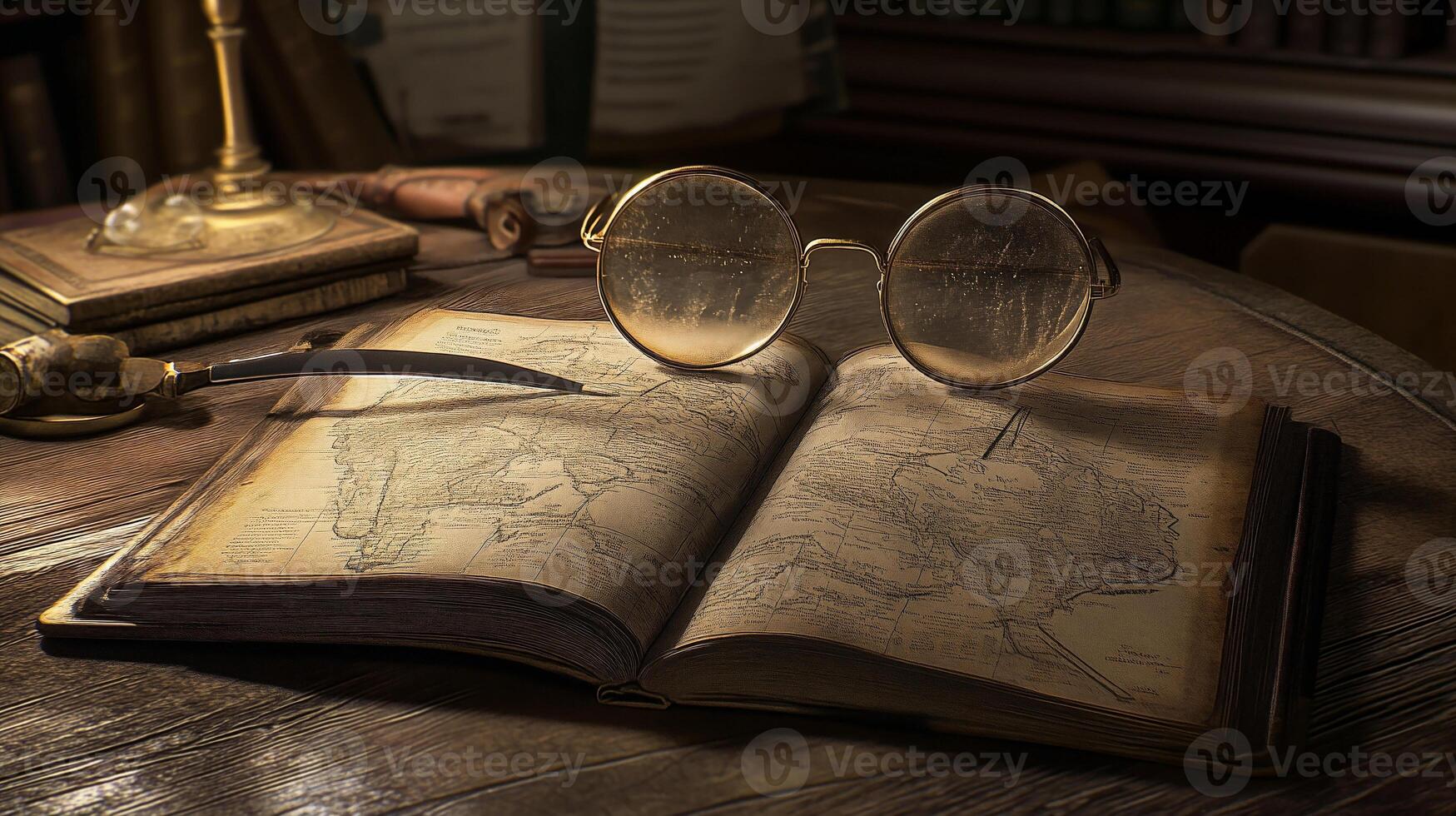 Study setup with antique glasses and detailed open book on a wooden table in a library photo