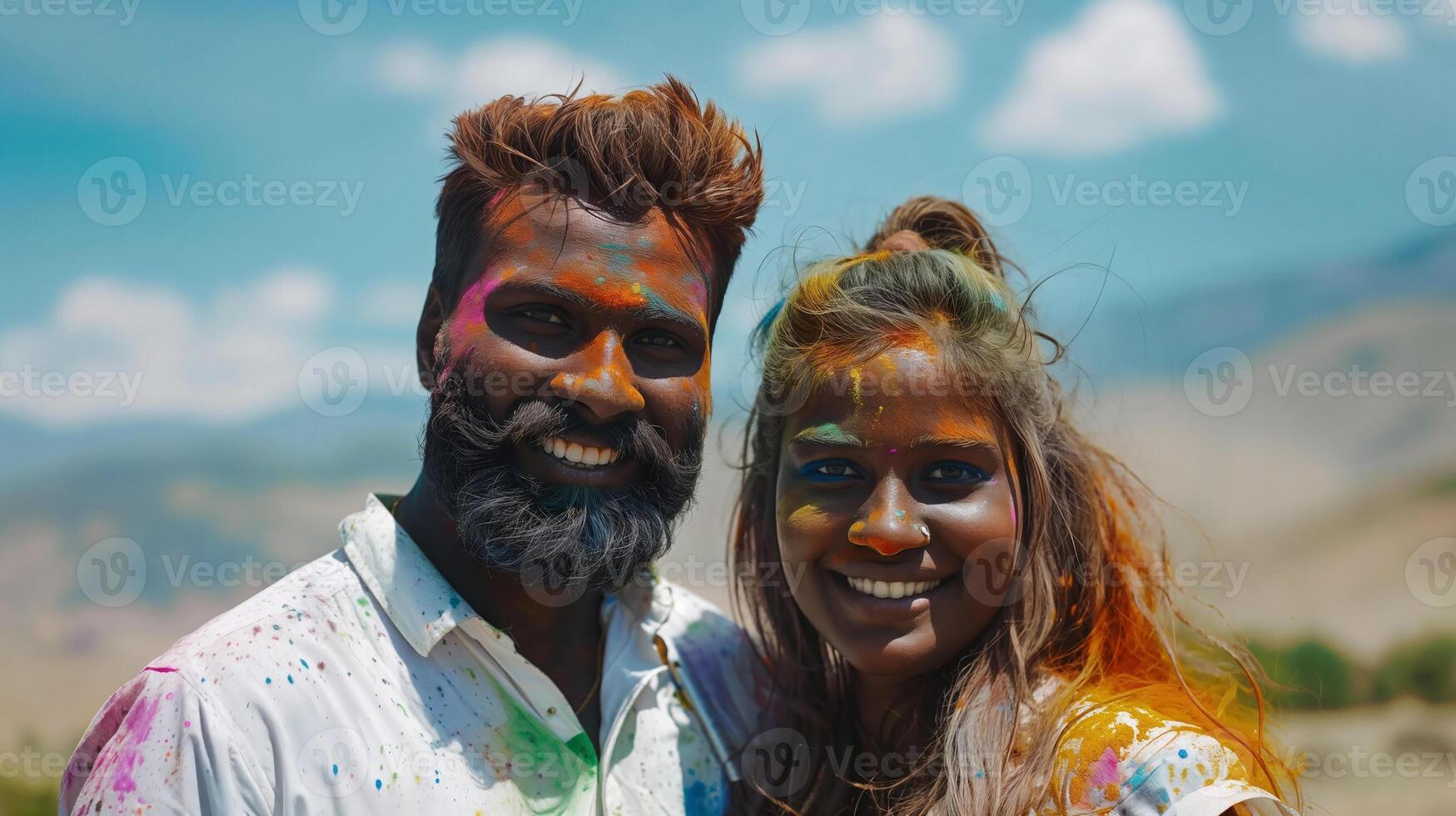 Celebrating Holi Festival in India with vibrant colors and joyful smiles photo