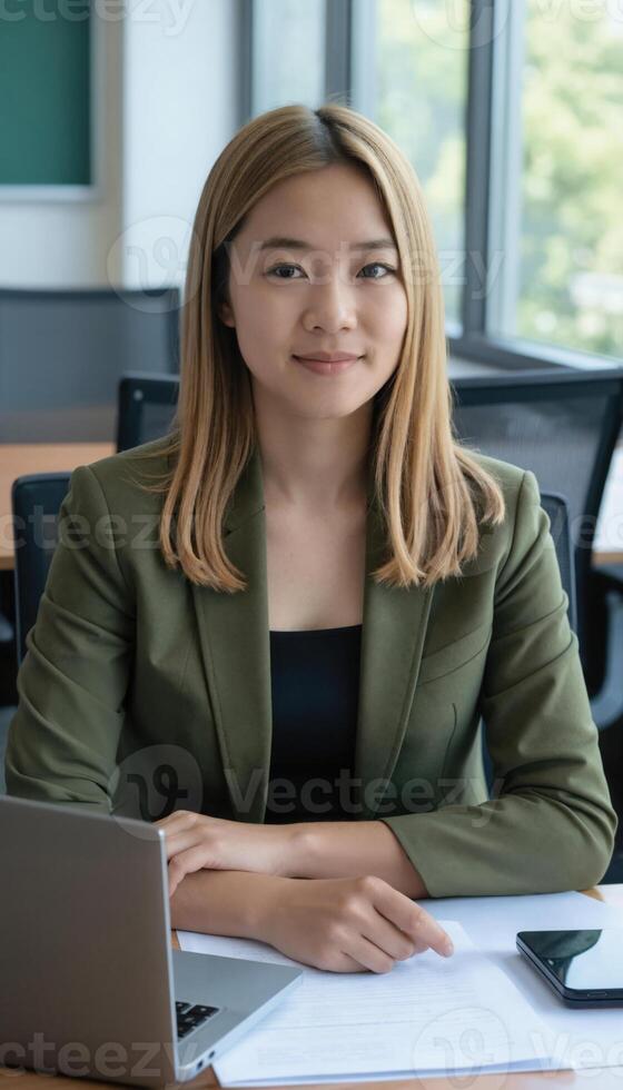 A young Asian woman with shoulder-length blonde hair, wearing an olive-green blazer, sits at a desk in a modern office. photo