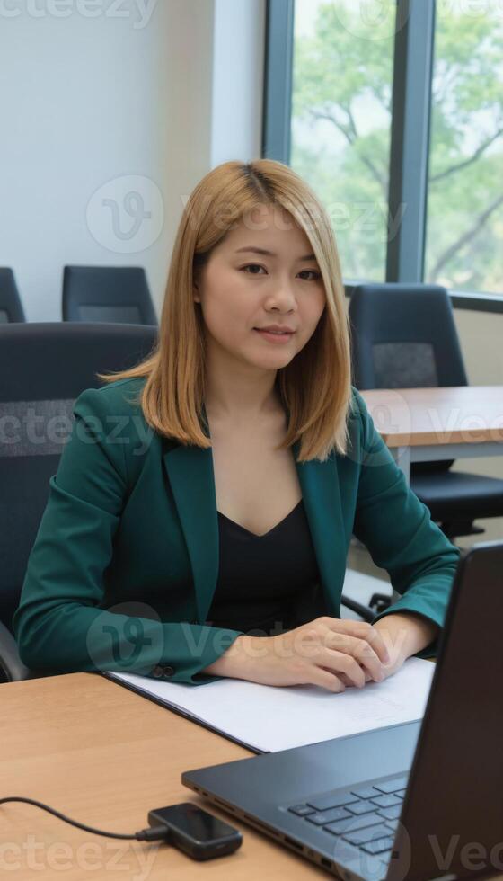 A young Asian woman with shoulder-length blonde hair, wearing an olive-green blazer, sits at a desk in a modern office. photo