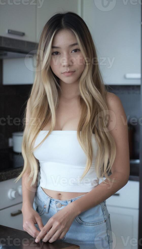 A young Asian woman with long blonde hair, wearing a white tube top, stands in a modern kitchen. photo