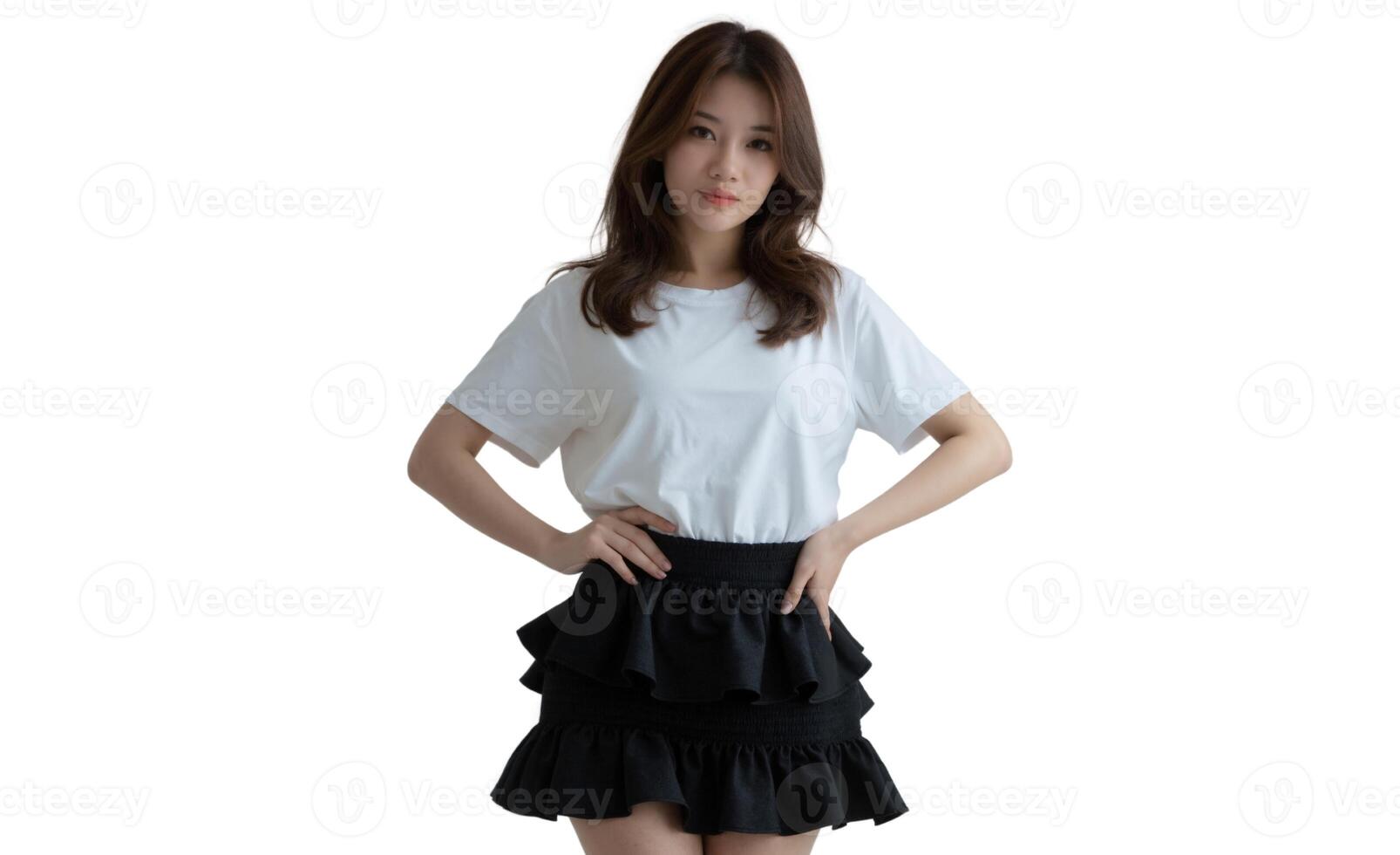 Asian woman with long brown hair, wearing a white t-shirt and black ruffled skirt. white background photo