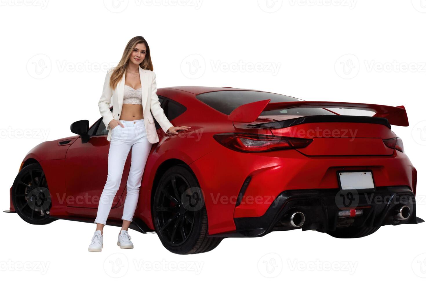 A photograph of a slender woman in a white suit standing beside a red, luxury sports car. photo