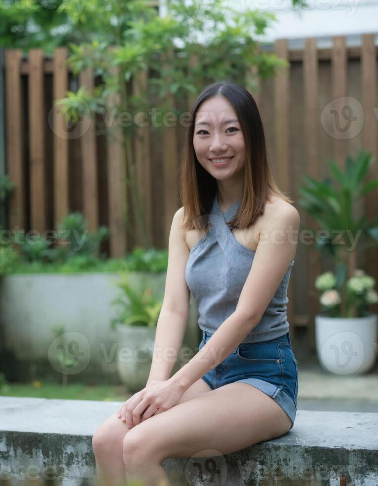 A smiling Asian woman with shoulder-length brown hair, wearing a grey halter top and denim shorts, sits on a bench. photo