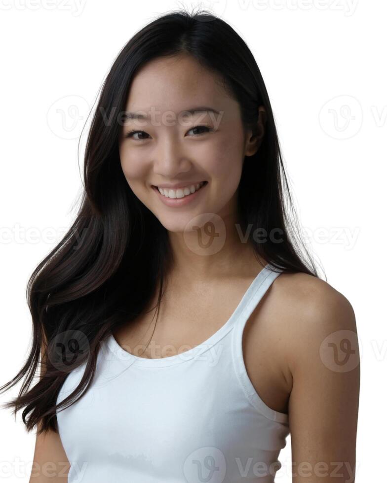 A smiling Asian woman with long black hair, wearing a white top, against on white background photo