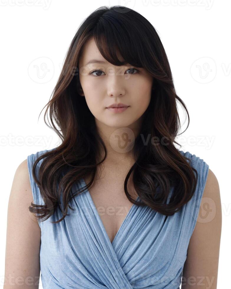 A woman with long, dark hair, wearing a blue dress, poses against a light background, showcasing her soft, serene expression. on white background photo
