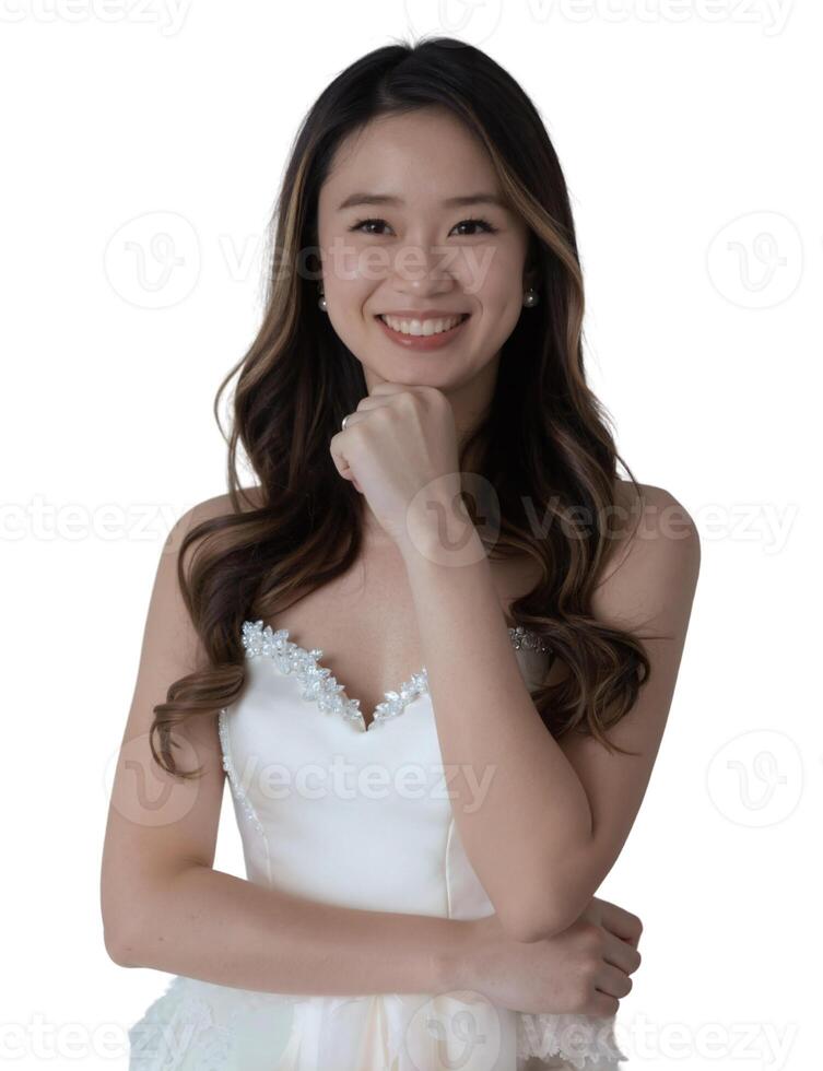 A young Asian woman with long wavy hair, wearing a white lace wedding dress, smiles against a light background. photo