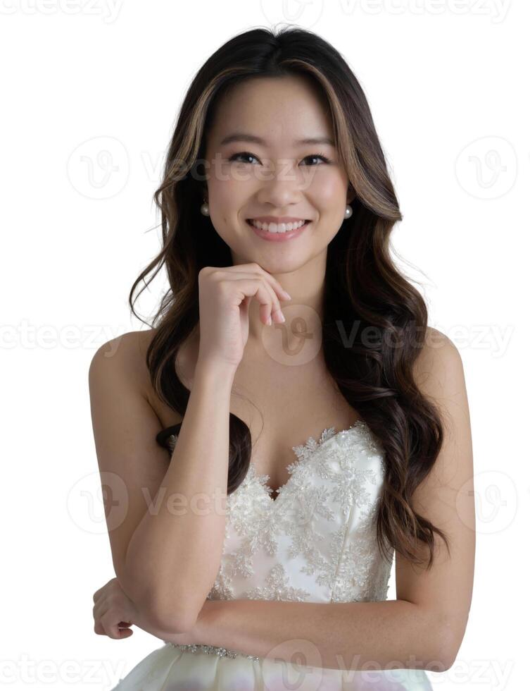 A young Asian woman with long wavy hair, wearing a white lace wedding dress, smiles against a light background. photo