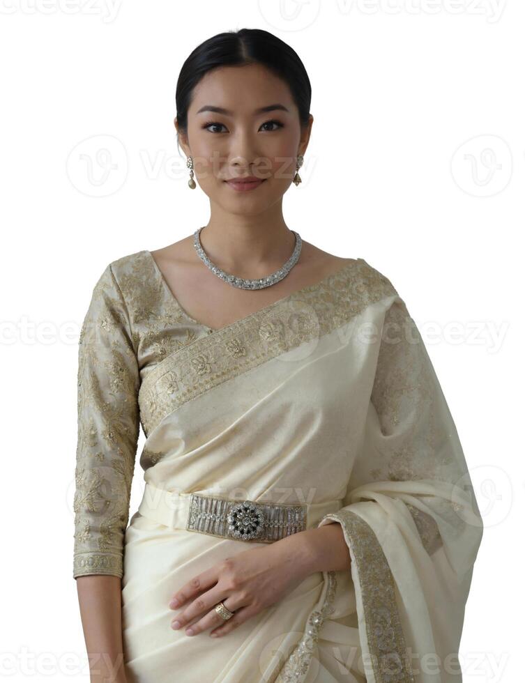 A woman in a beige sari and silver jewelry stands against a plain background, exuding elegance and grace. photo