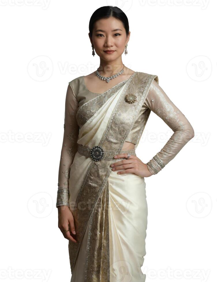 A woman in a beige sari and silver jewelry stands against a plain background, exuding elegance and grace. photo