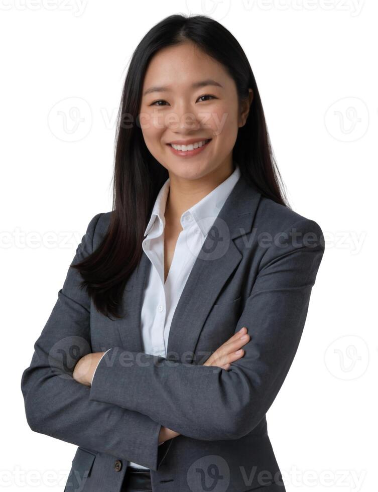 A smiling Asian woman in a navy blue suit and white blouse, hands together, against a light gray background. photo