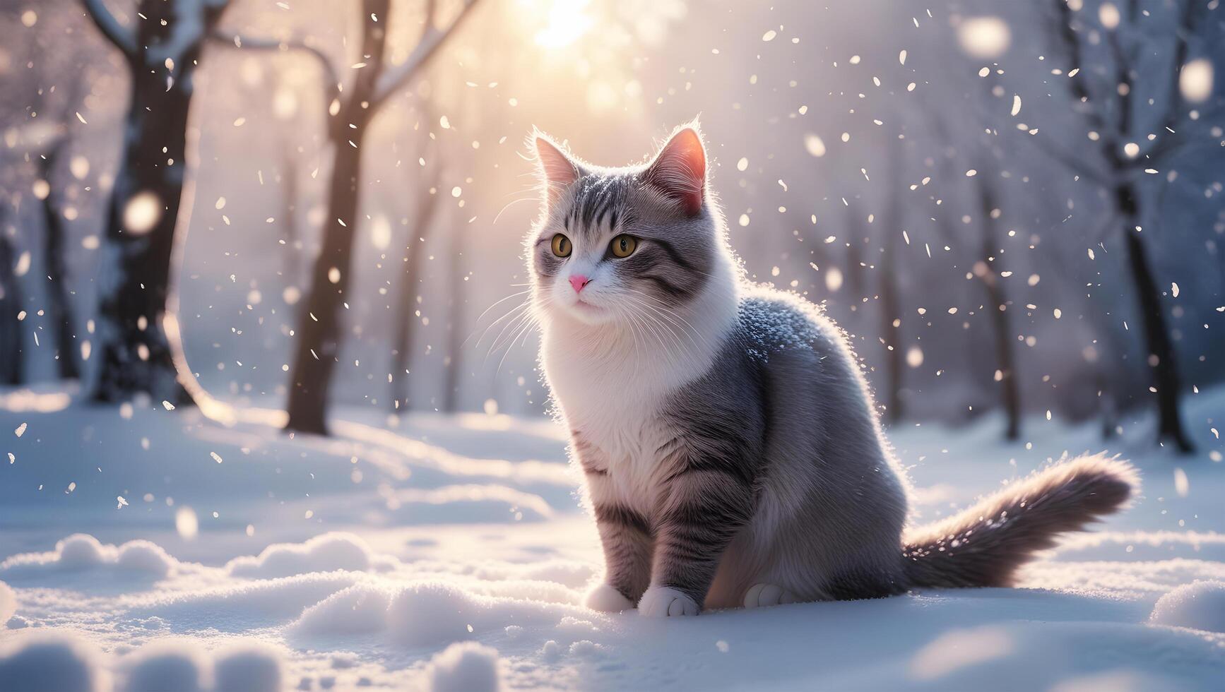Peaceful Cat Surrounded by Falling Snowflakes photo