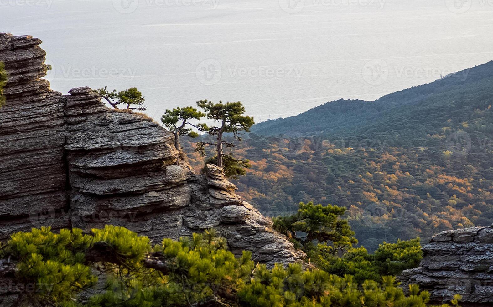 Mountains and forests of Crimea. coniferous and deciduous trees on the hills of mountains and rocks photo