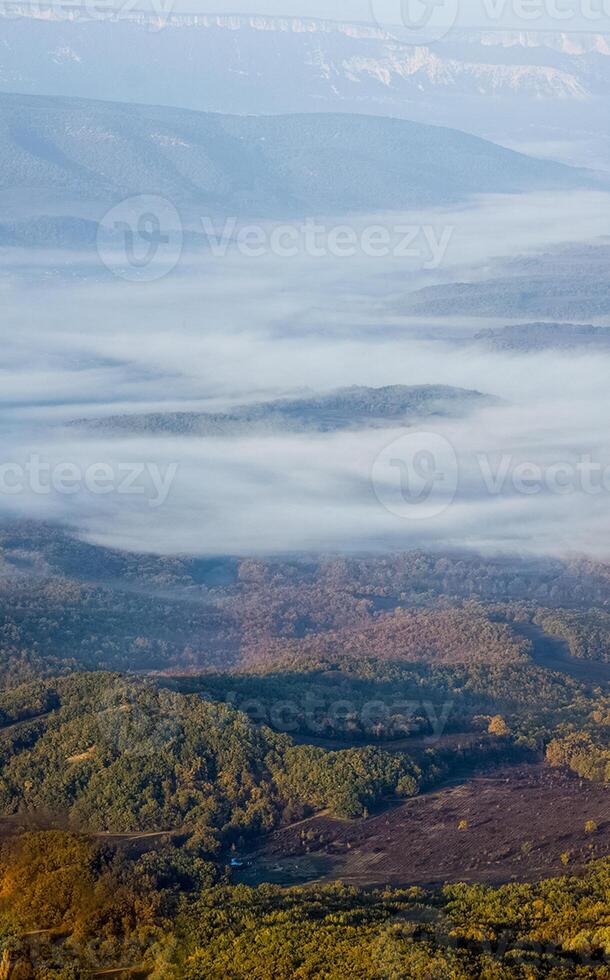 Mountains and forests of Crimea. coniferous and deciduous trees on the hills of mountains and rocks photo