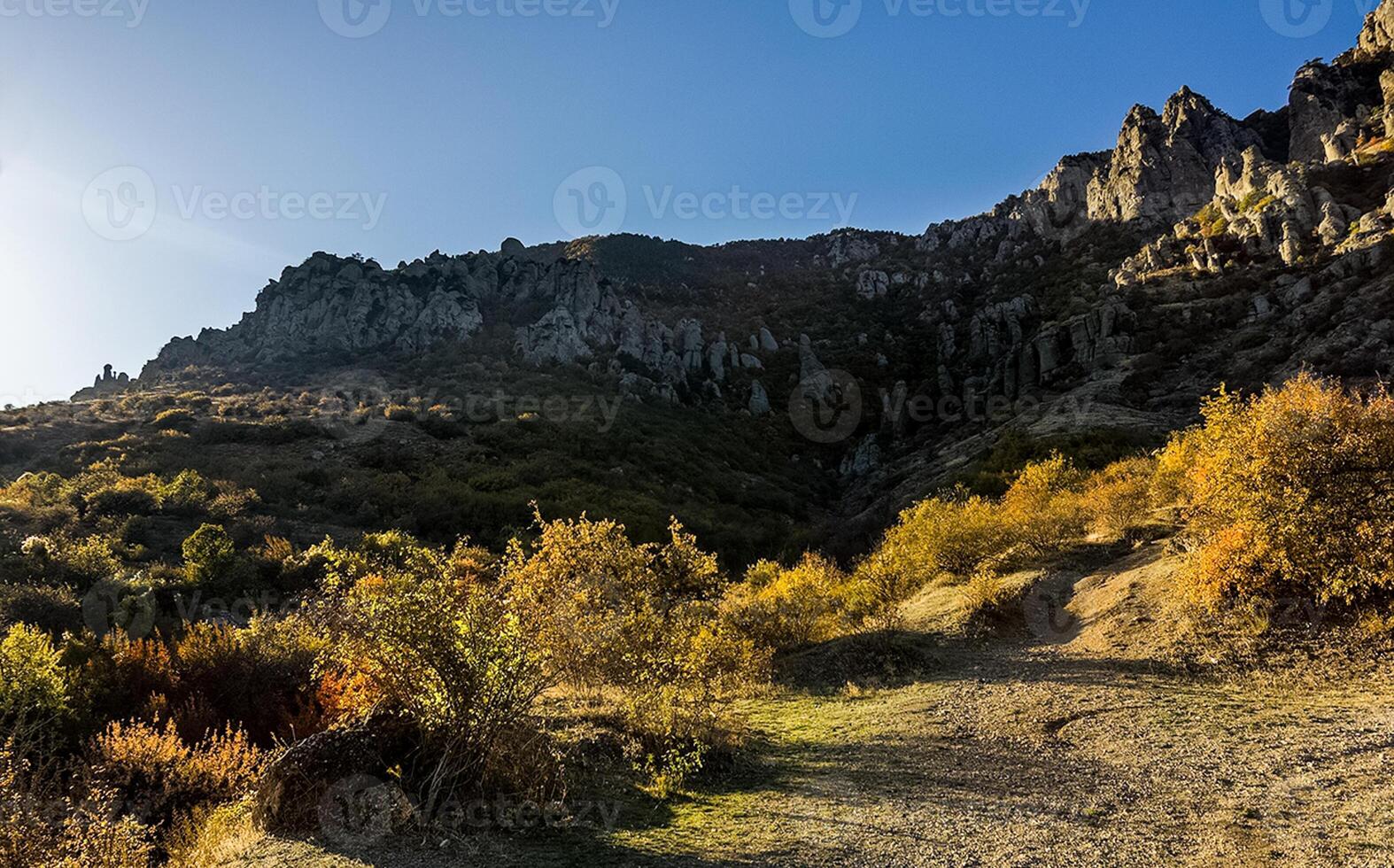 Mountains and forests of Crimea. coniferous and deciduous trees on the hills of mountains and rocks photo