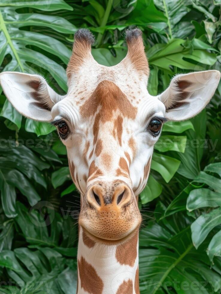 Close up portrait of a giraffe smiling against a lush green background photo
