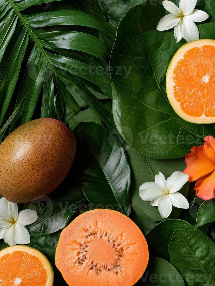 Tropical fruits and flowers on lush green leaves photo