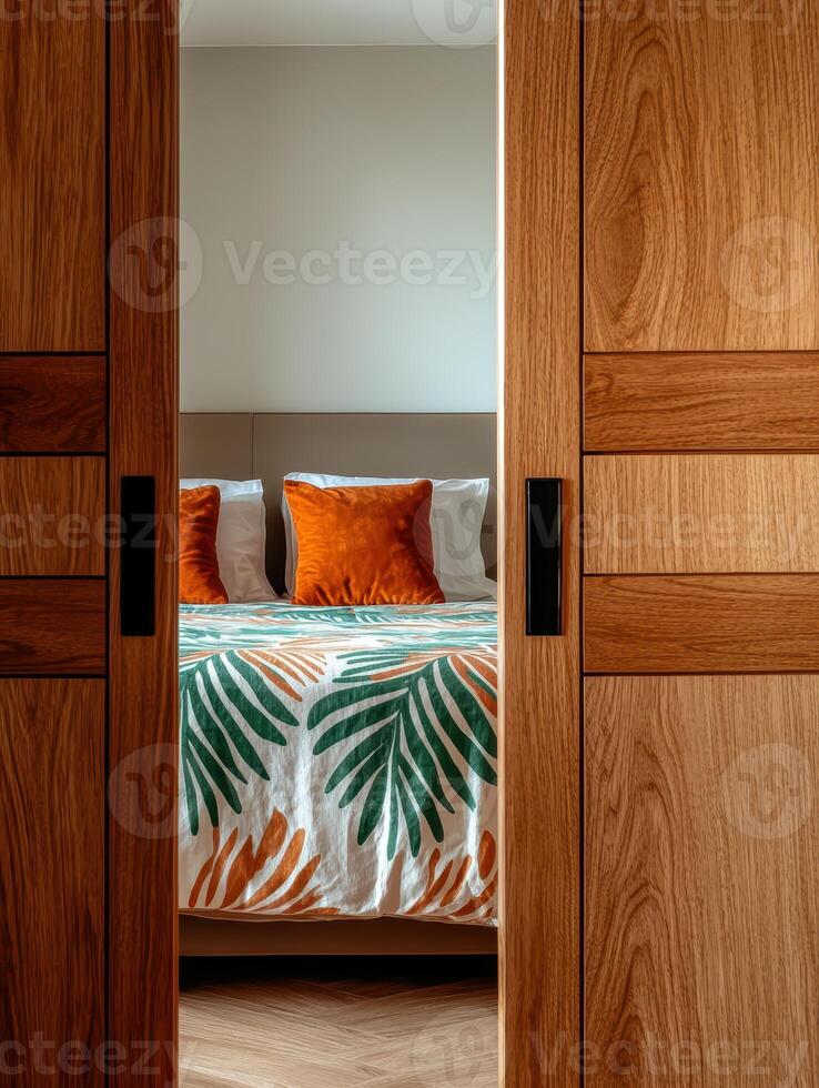 Stylish bedroom interior with wooden sliding doors and tropical bedding photo