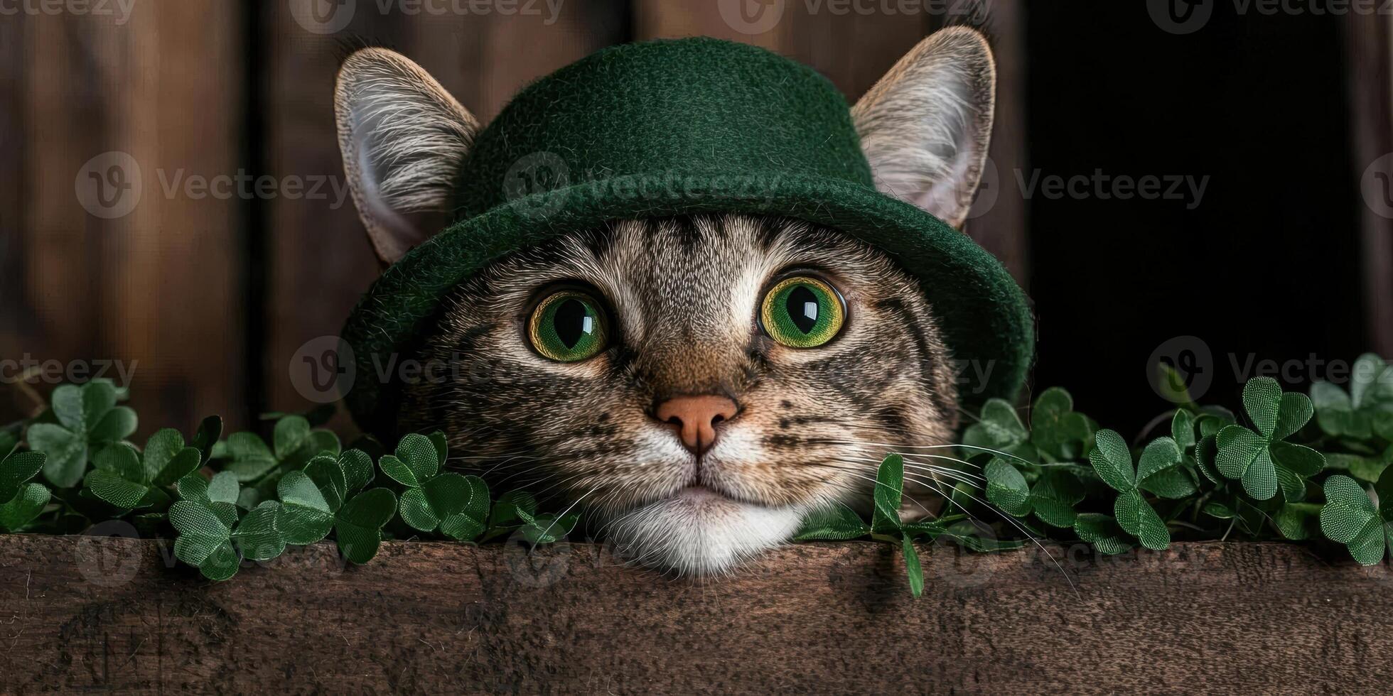 Adorable tabby cat wearing a green hat, peeking from behind shamrocks photo