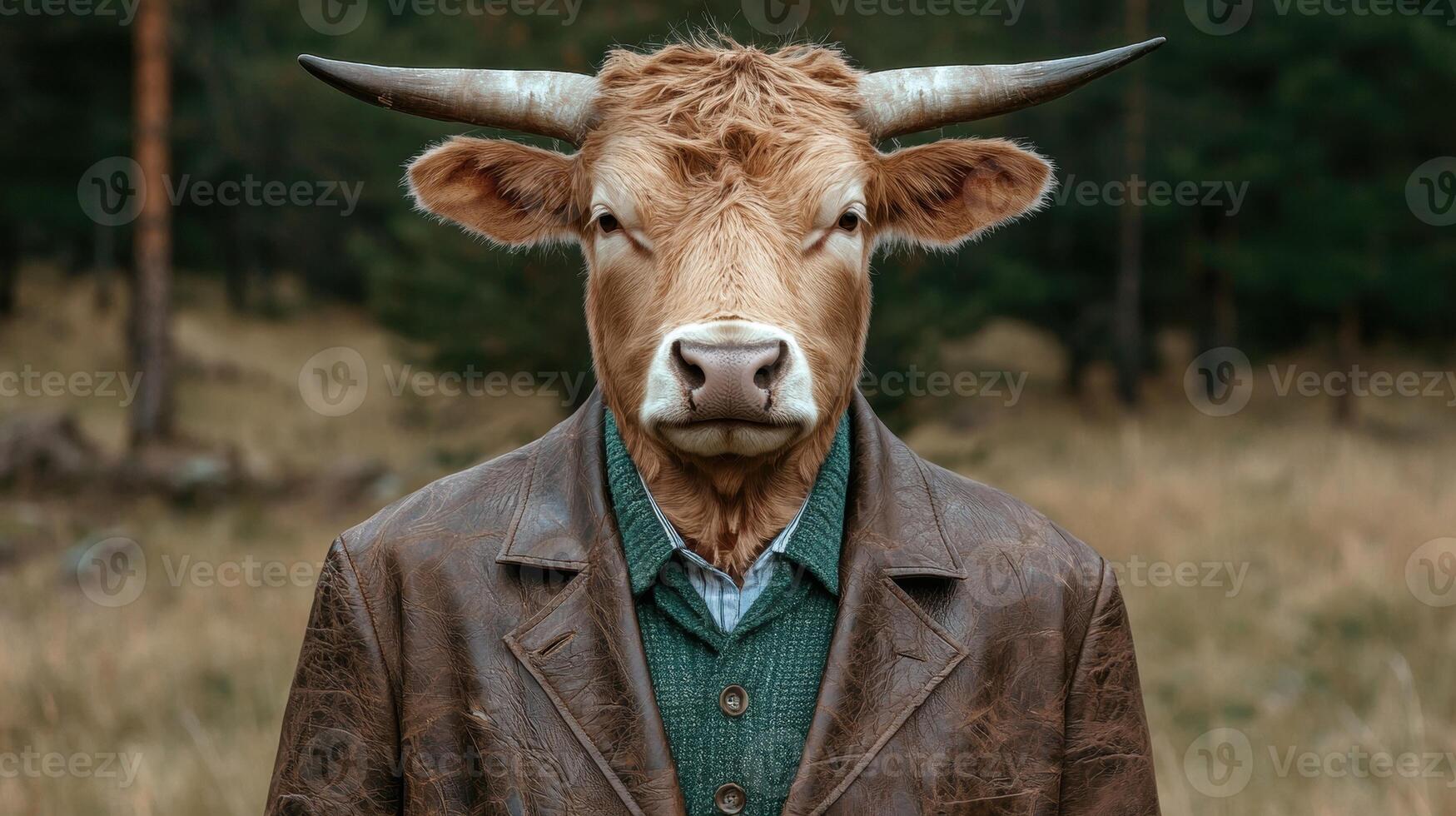 Cow in a brown leather jacket photo