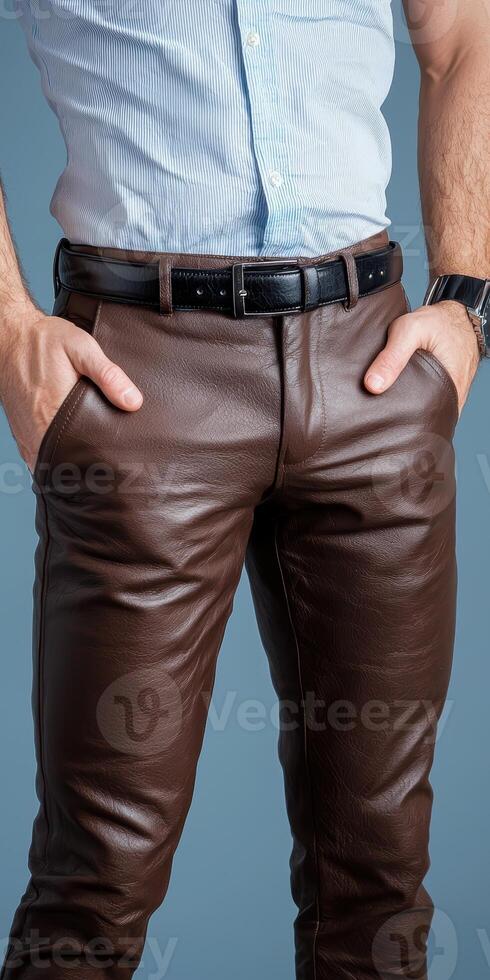 Man in brown leather pants and blue shirt photo