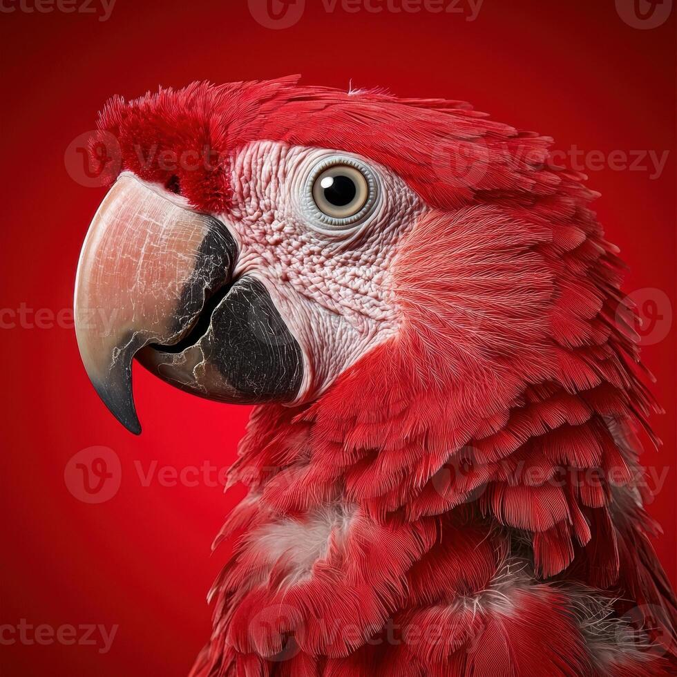 Close up portrait of a scarlet macaw against a red background photo
