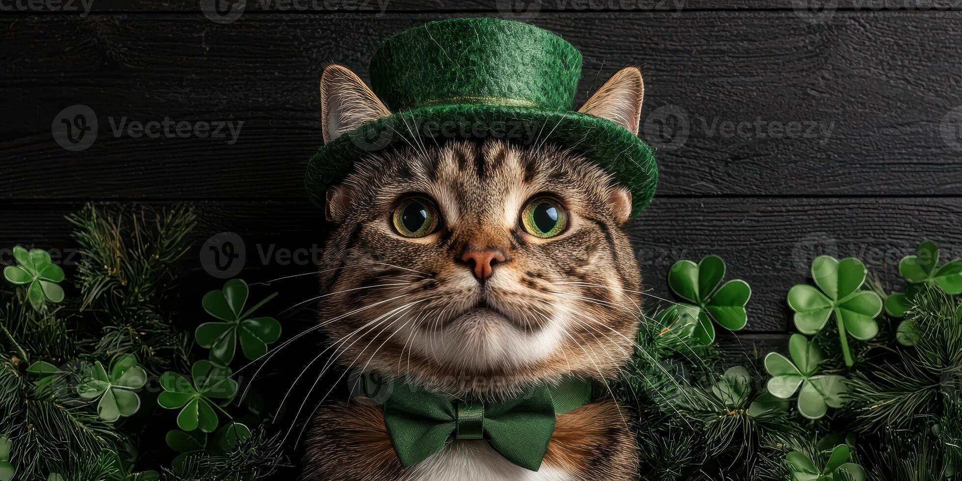 Adorable tabby cat wearing a green leprechaun hat and bow tie for St Patricks Day photo