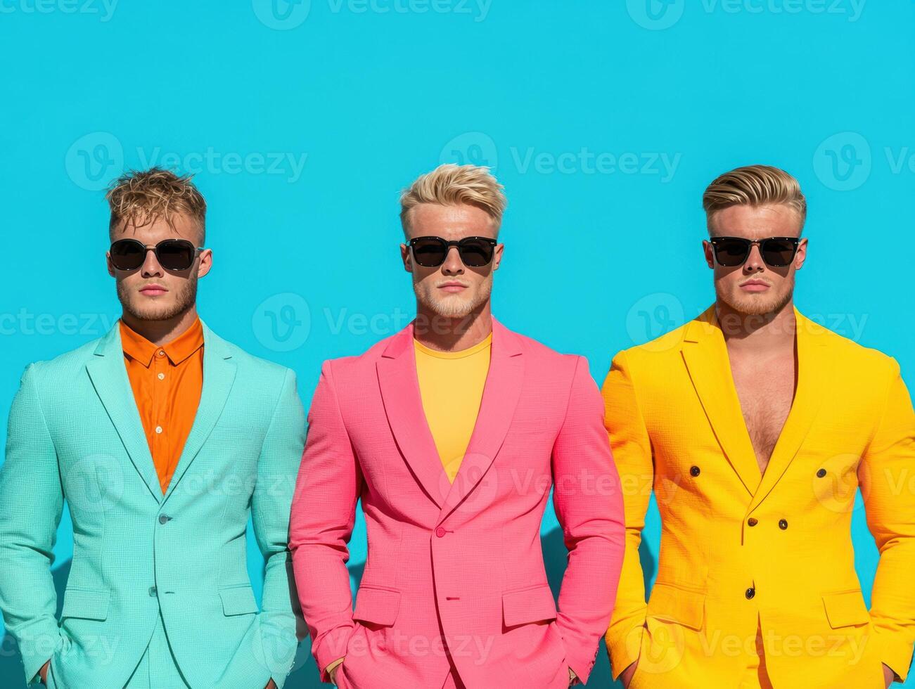 Three stylish men in colorful suits posing against a blue background photo
