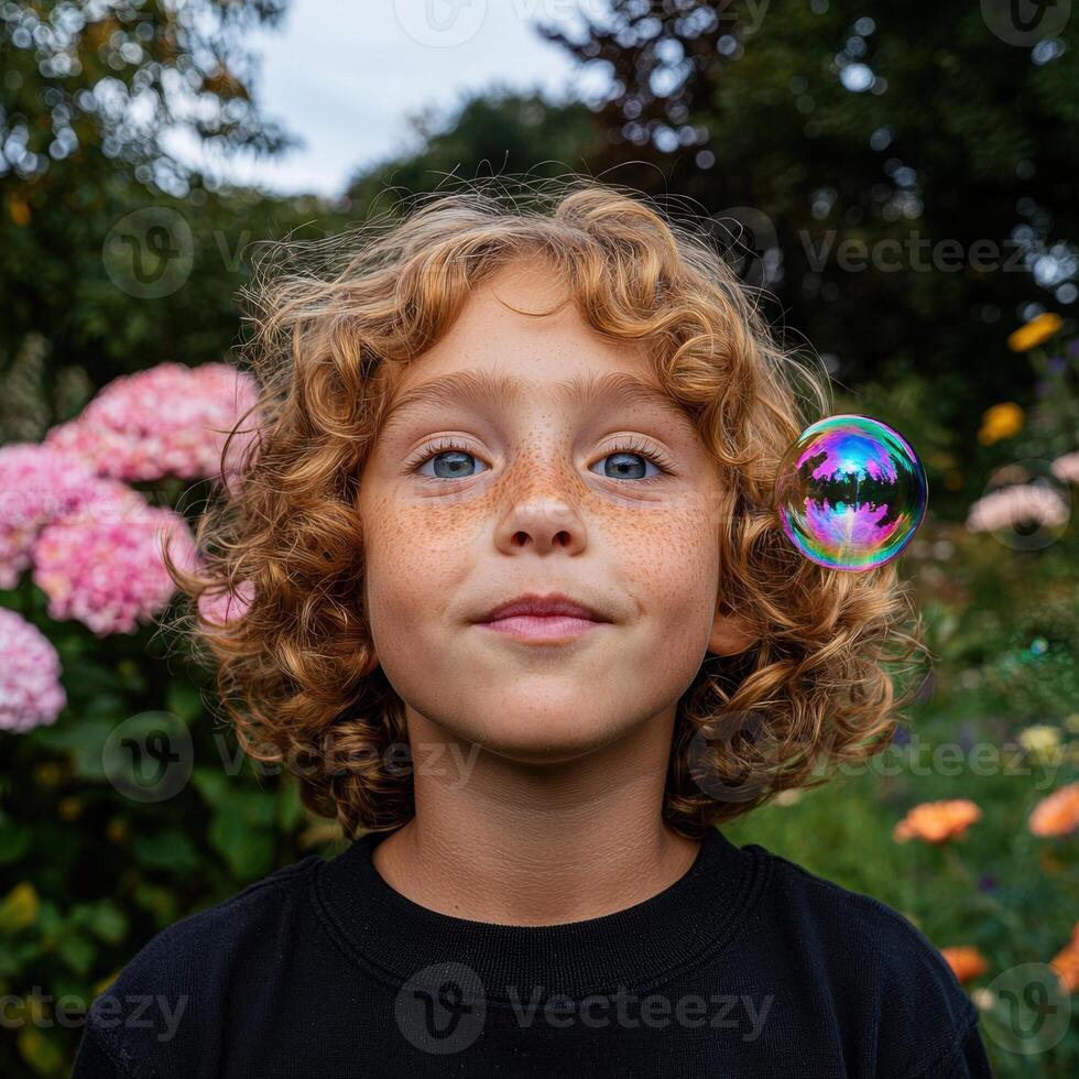Adorable freckled child with curly hair and a bubble photo
