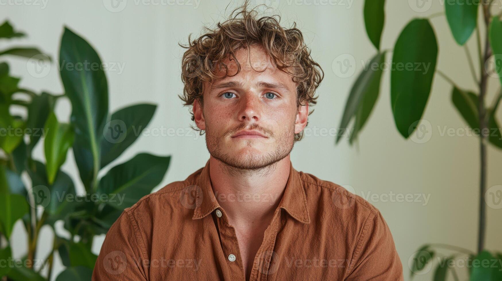 Portrait of a young man with curly hair, brown shirt, and neutral expression photo