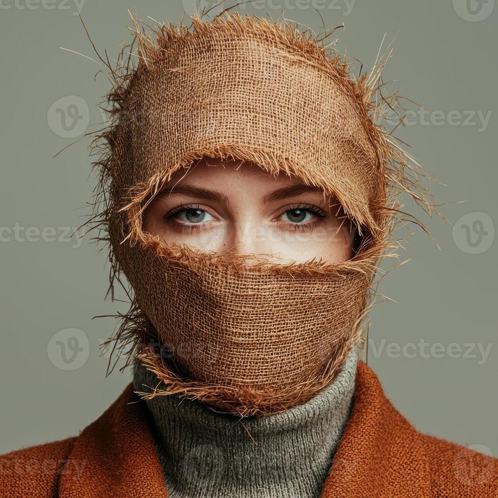 Mysterious woman with burlap covering her face photo