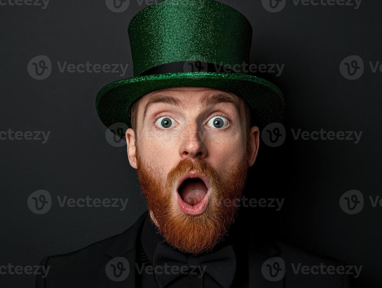 Surprised man in green top hat photo