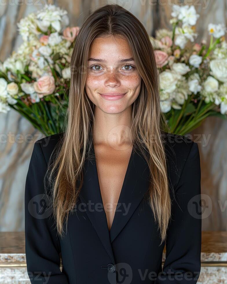 Portrait of a young woman with freckles wearing a black blazer photo