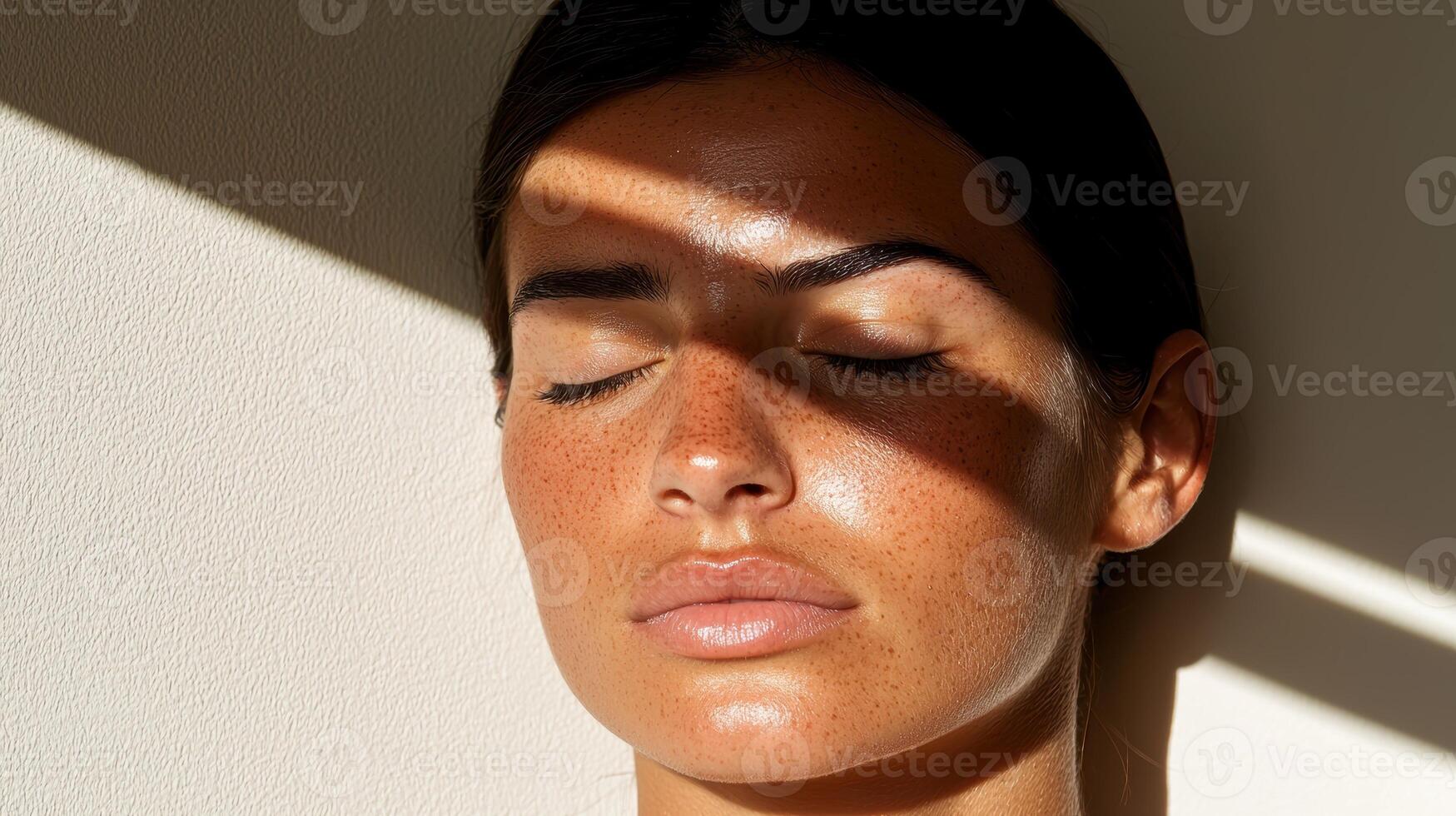 Close up of a womans face with freckles and closed eyes, sunlit skin photo