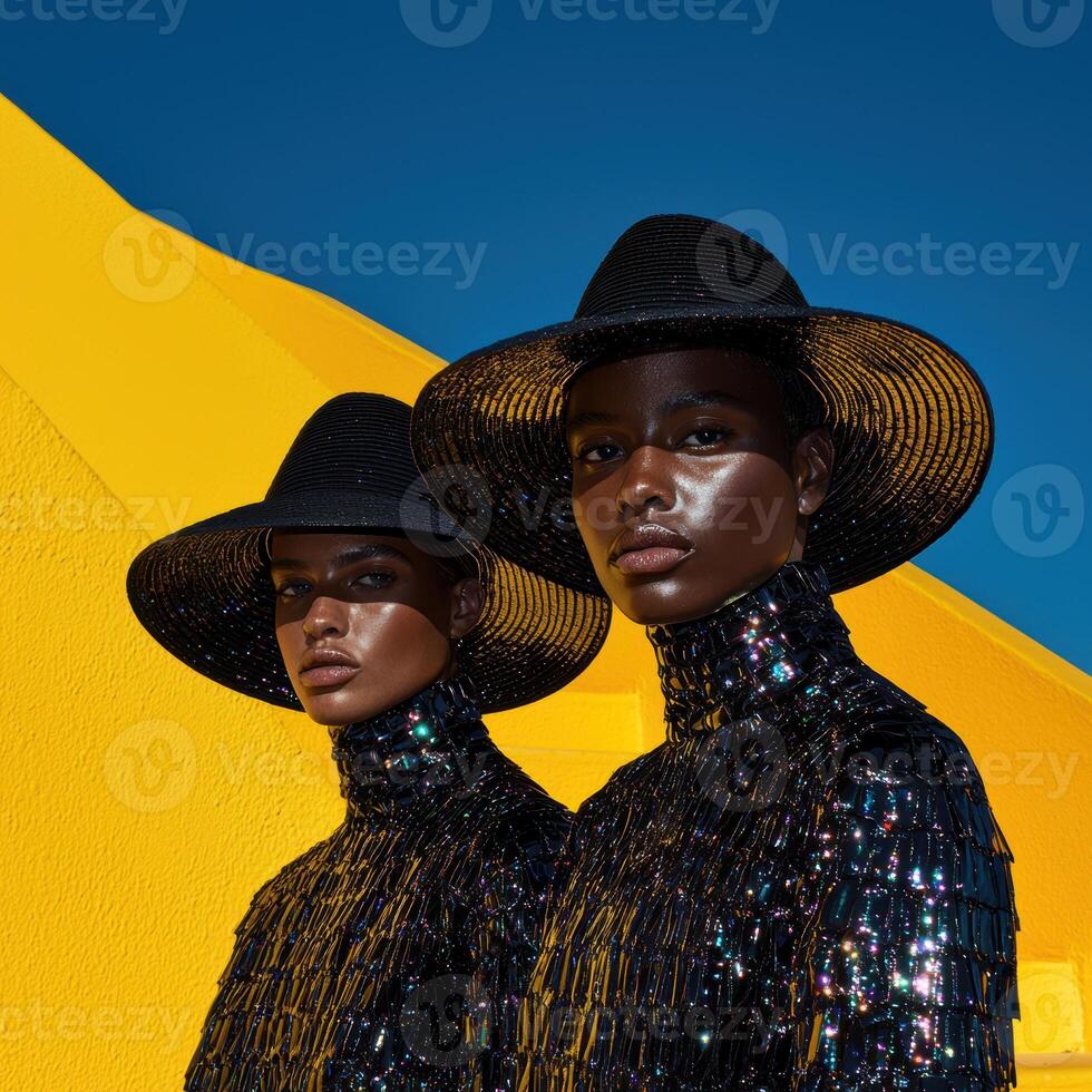 Two models wearing black hats and sequined dresses pose against a yellow background photo