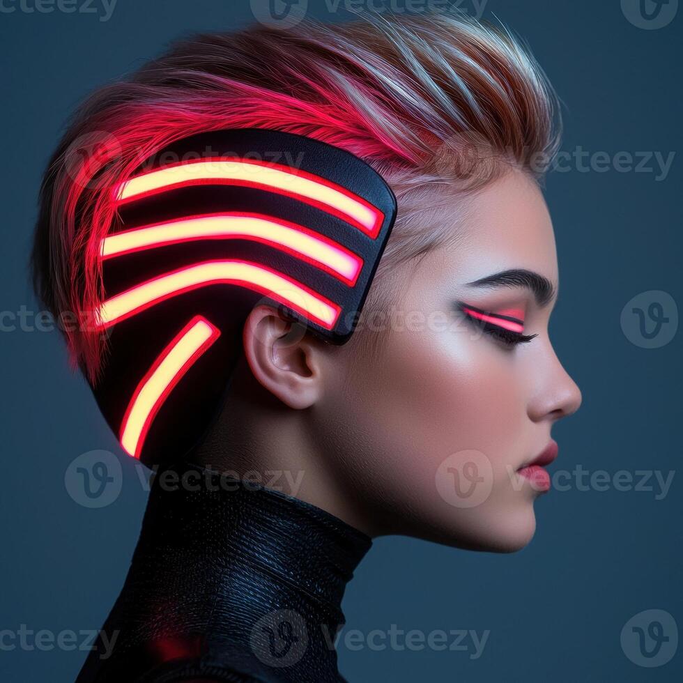 Futuristic Woman with Neon Hair and Headband photo