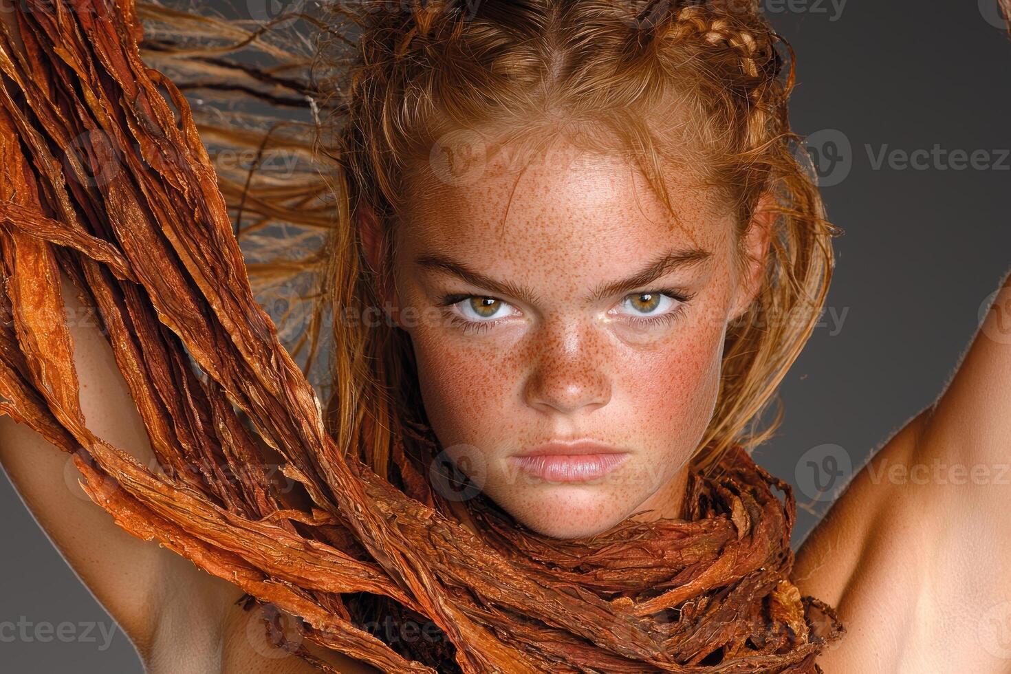 Close up portrait of a freckled redhead woman with windblown hair and a textured scarf photo