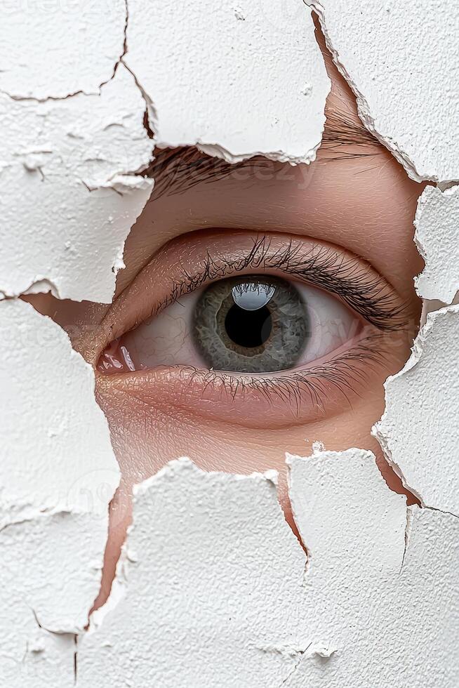 Close up of a human eye peering through a cracked wall photo