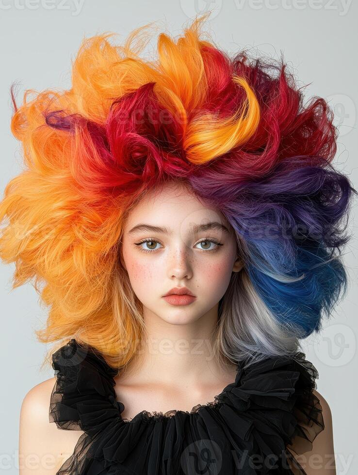 Colorful hairstyle, young woman with rainbow hair photo